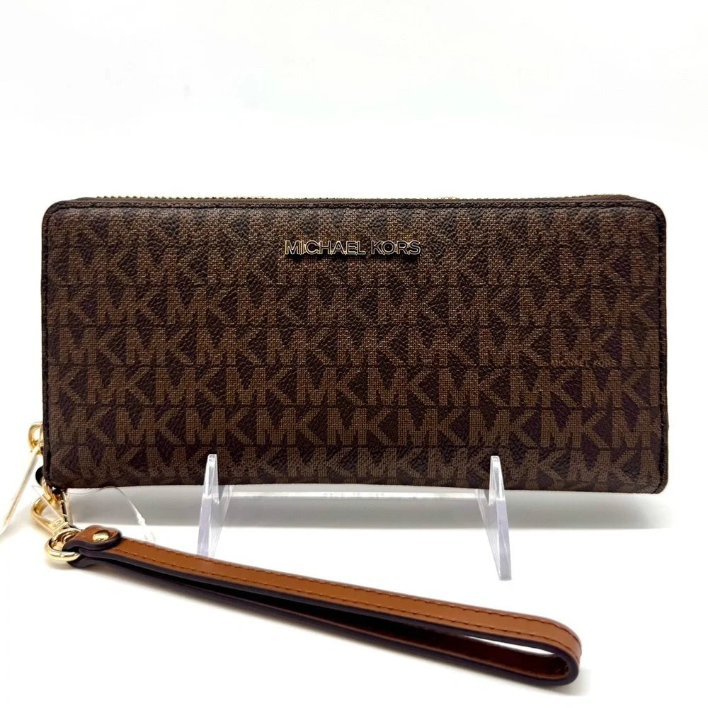 Michael Kors Large Jet Set Travel Signature Continental Wallet Wristlet Brown